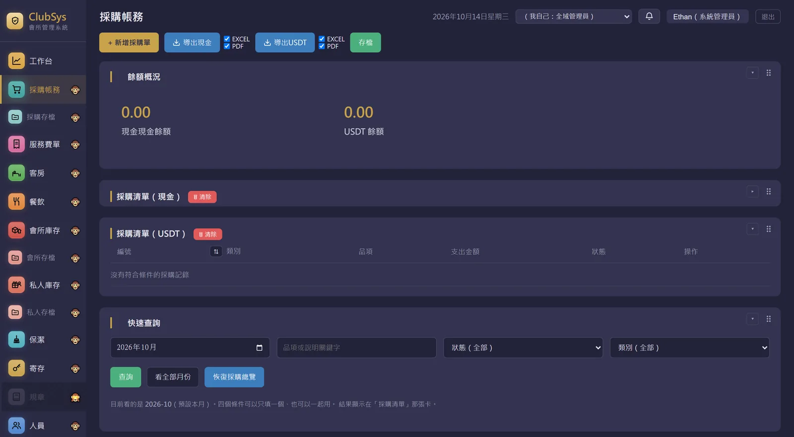 採購帳務實際畫面：現金與 USDT 兩本帳的餘額概況、各自的採購清單，以及月份、關鍵字、狀態、類別的快速查詢